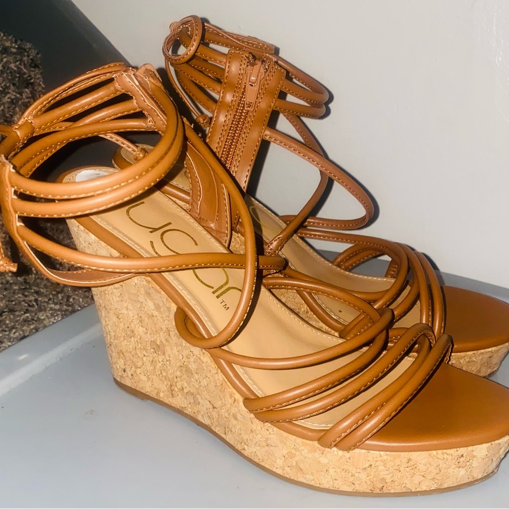 Sugar Tan Lace-Up Cork Wedge Sandals | Strappy Summer Heels